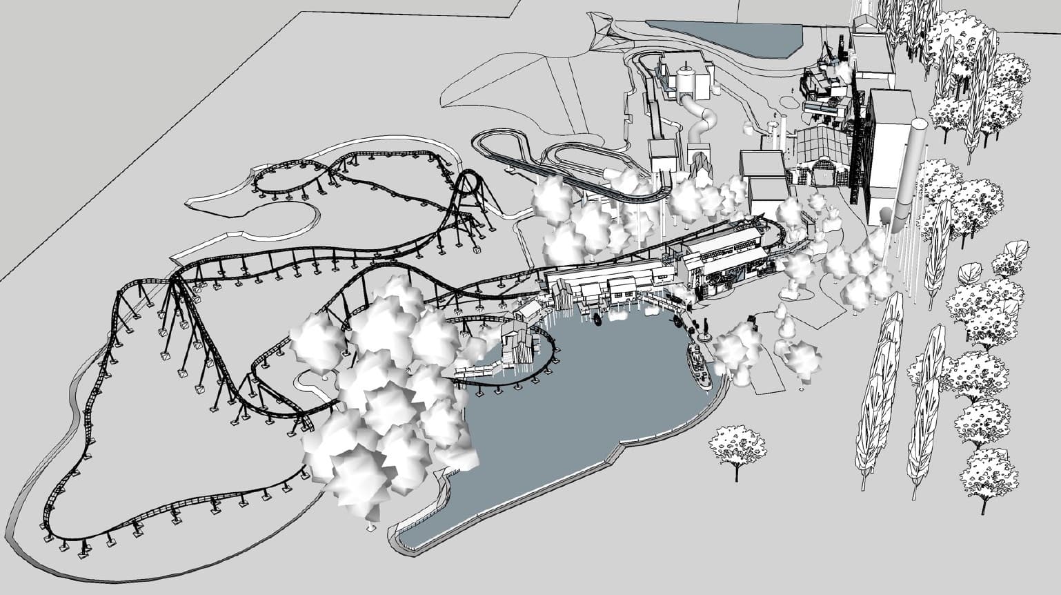 Plan 3D du projet de zone Dock World à Walibi Belgium