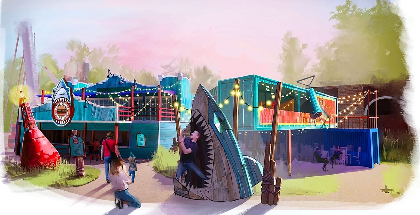 Illustration d'un point de restauration sur le thème des requins dans la zone Dock World à Walibi Belgium