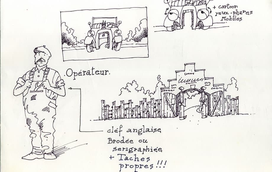 Croquis de la tenue de mécanicien d'un opérateur de Nationale 7 au Parc Astérix, et croquis de l'entrée non réalisée de l'attraction