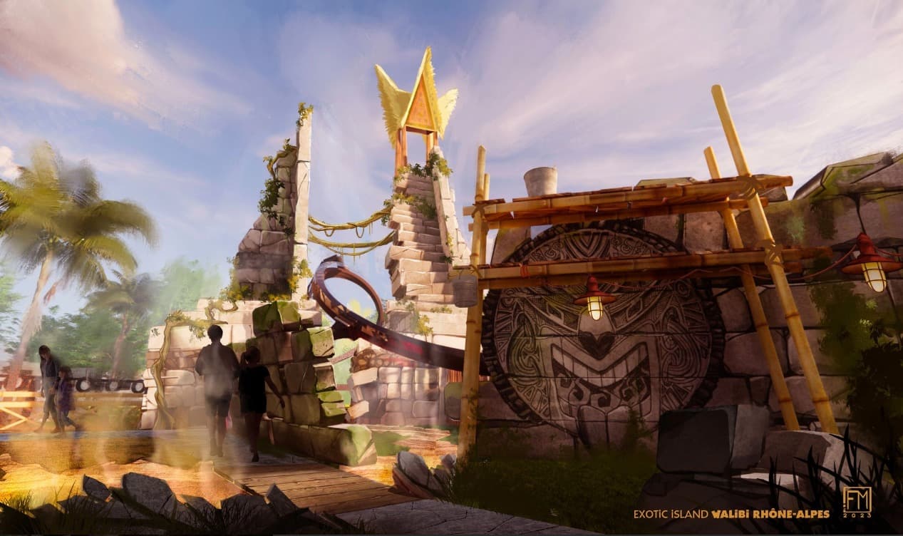 Concept art de la zone, montrant les ruines d'un temple, entre lesquelles passe le rail du coaster