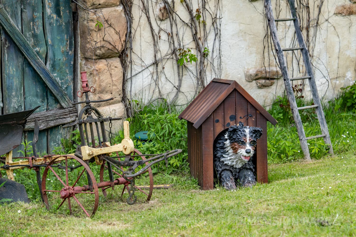 Chien dans sa niche dans l'attraction Nationale 7 au Parc Astérix