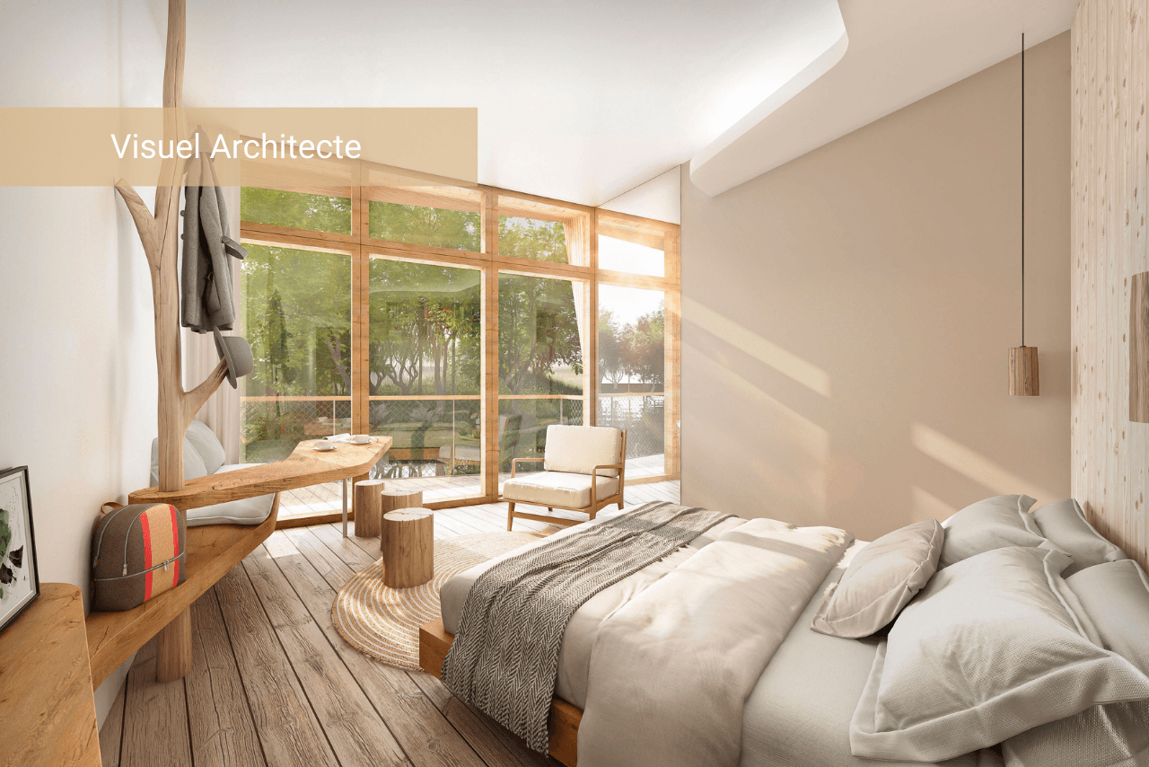 Chambre des parents dans un lodge de l'hôtel Ecolodgee au Futuroscope