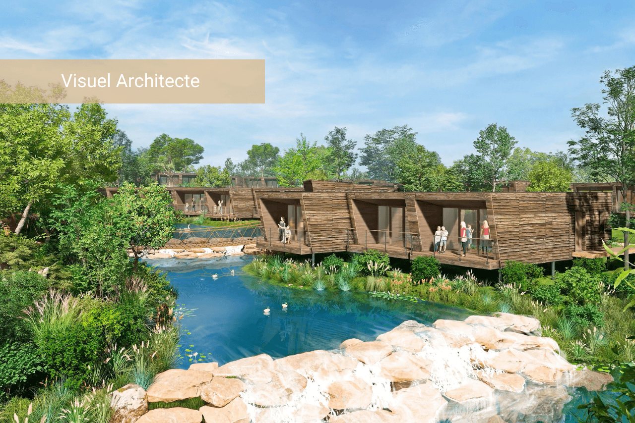 Vue de l'hôtel Ecolodgee au Futuroscope. Des maisonnettes en bois bordent un étang.