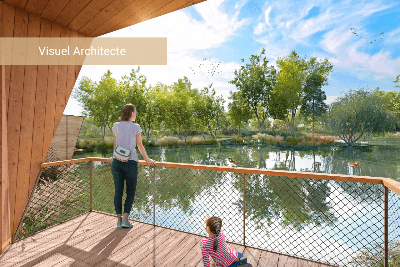 Terrasse d'un lodge de l'hôtel Ecolodgee du Futuroscope