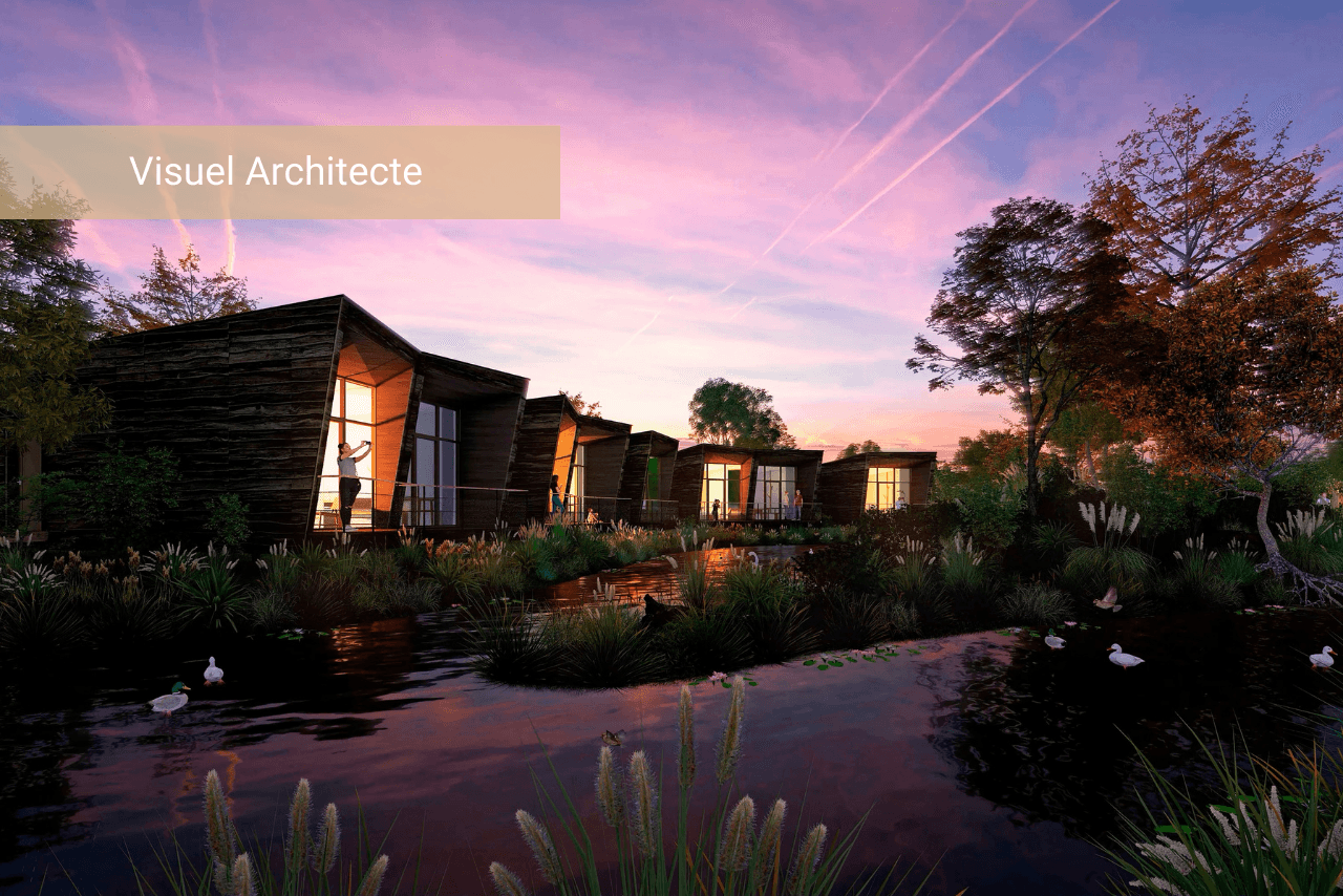 Vue nocturne de l'hôtel Ecolodgee au Futuroscope
