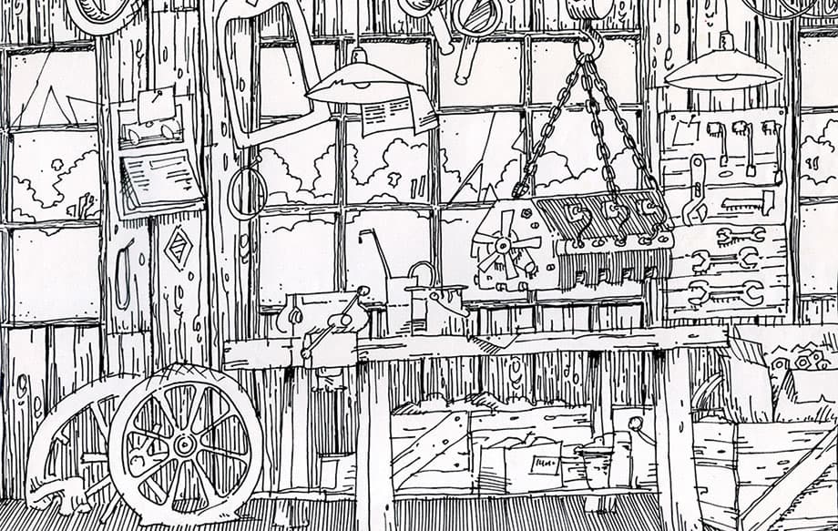 Croquis de la décoration intérieure du garage de l'attraction Nationale 7 au Parc Astérix