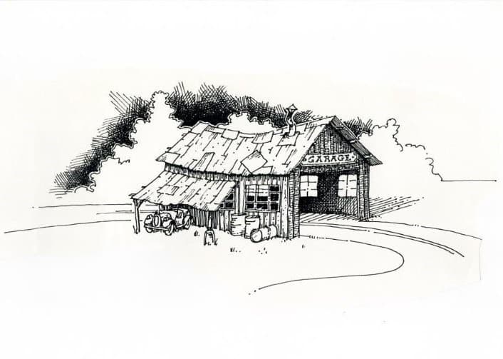 Croquis du bâtiment du garage de l'attraction Nationale 7 au Parc Astérix