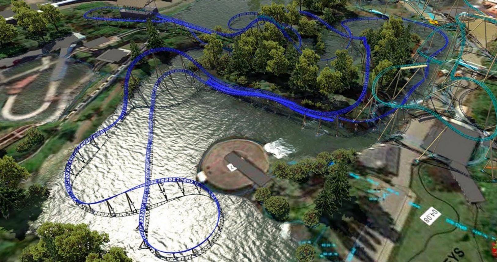Vue aérienne 3D du projet de roller coaster proche de l'attraction Gold River Adventure à Walibi Belgium