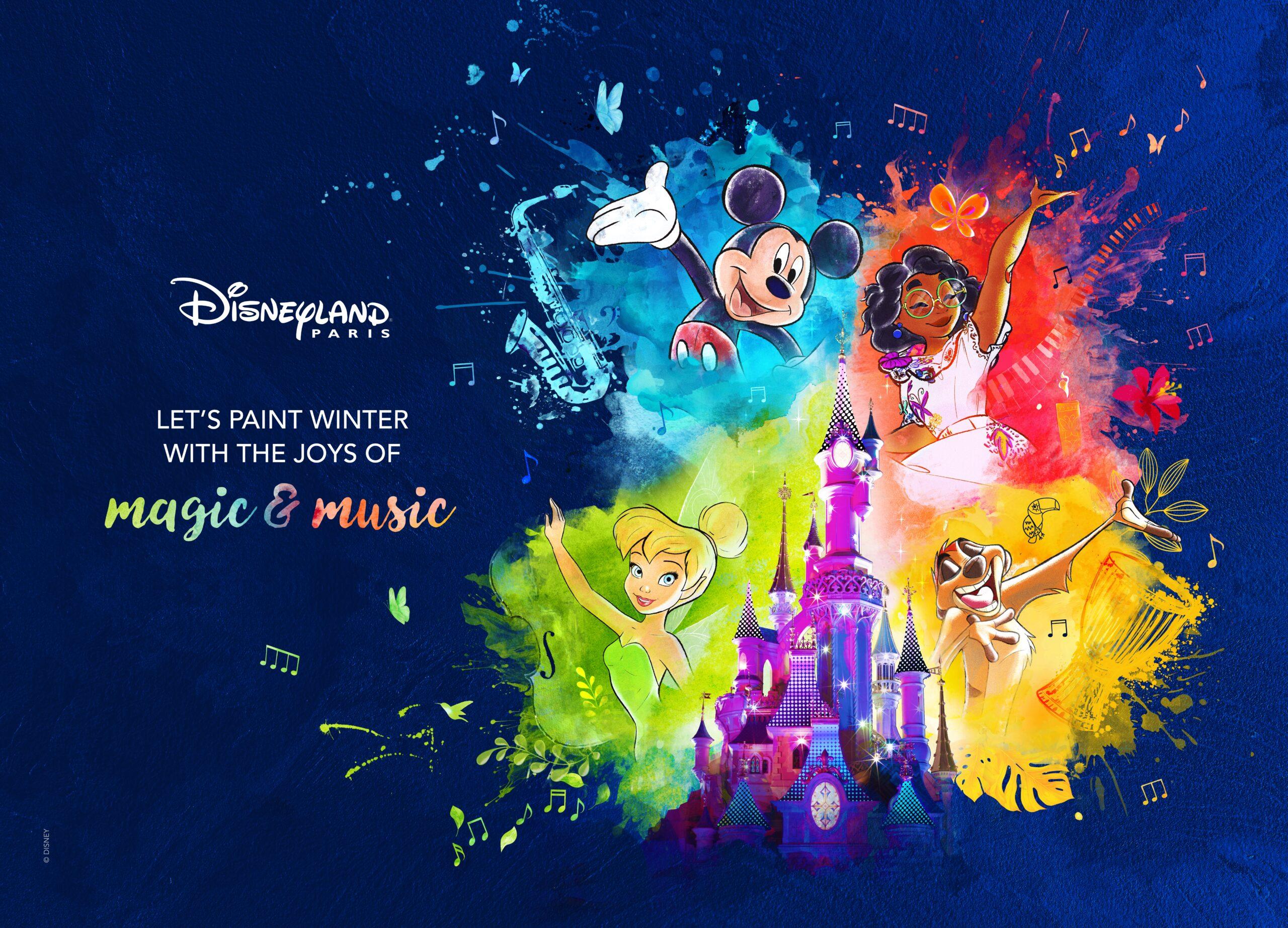 Château de Disneyland Paris entouré de Mickey, Mirabel, Timon et la Fée Clochette, avec le texte "Let's paint winter with the joys of magic & music"