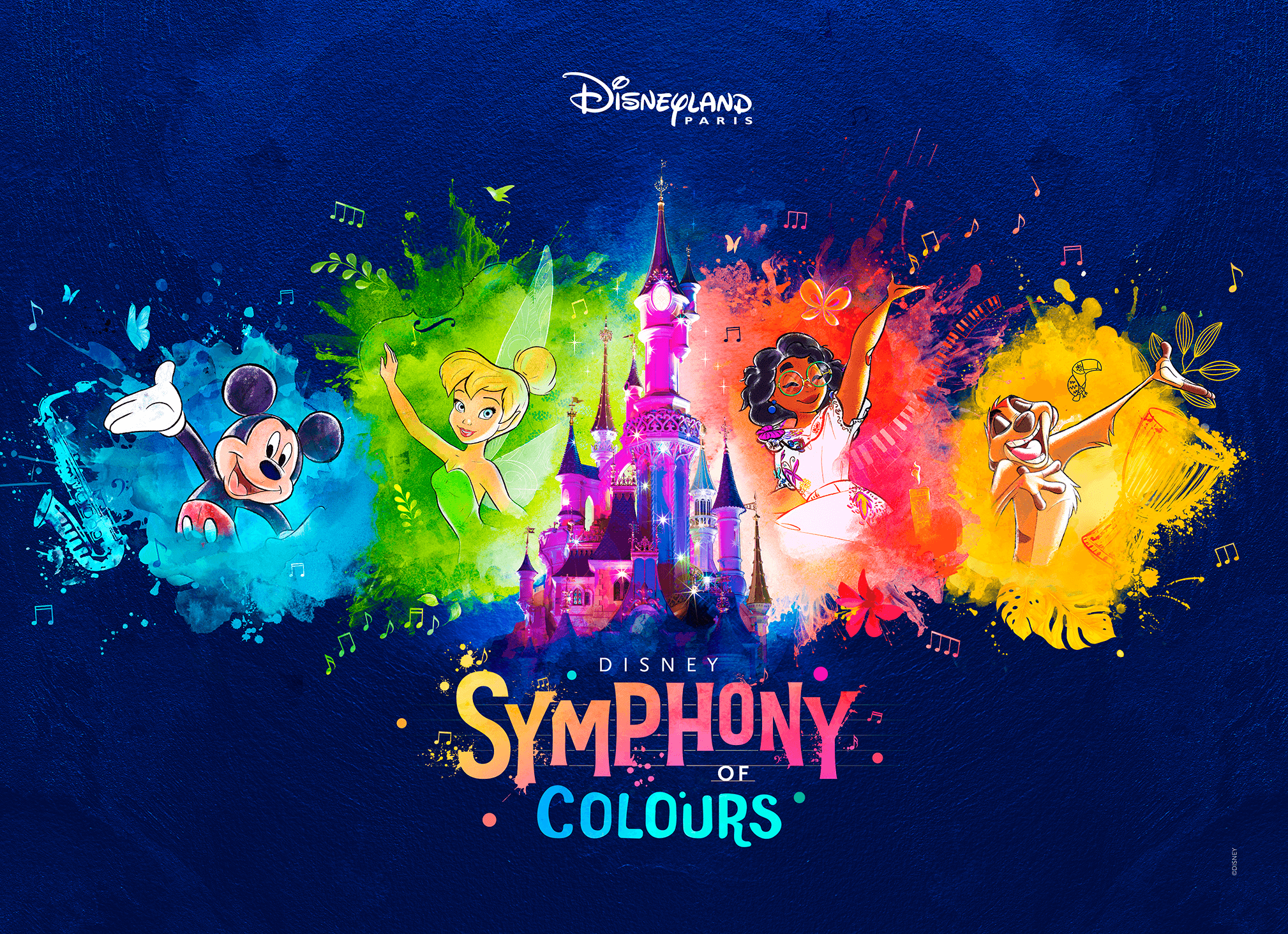 Château de Disneyland Paris entouré de Mickey, Mirabel, Timon et la Fée Clochette, avec le texte "Disney Symphony of Colours"